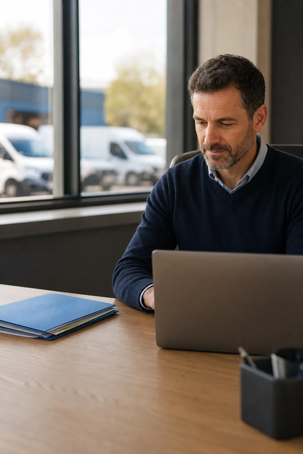 Un responsable d’entreprise consulte ses dossiers dans un bureau donnant sur des véhicules professionnels.